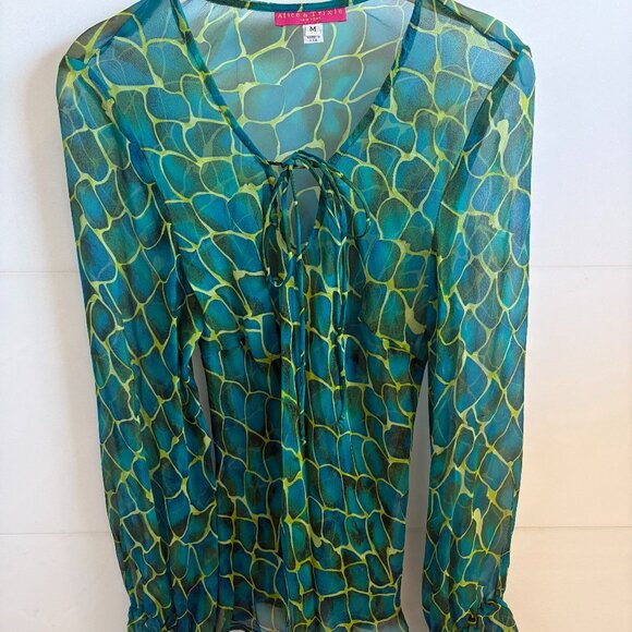 Alice & Trixie Silk Sheer Blouse – Green/Teal Abstract Print – Size M – Made in - Picture 5 of 5